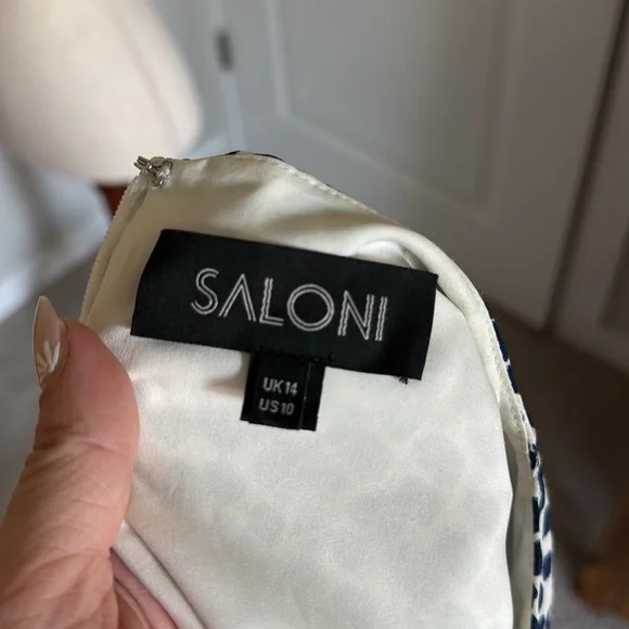 Saloni Colette Silk Crepe De Chine Navy Painterly Mini Dress Women’s US 10 - Picture 7 of 11